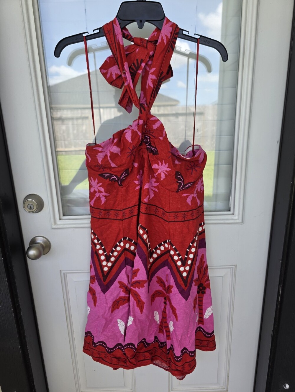 NWT I. State Halter Sundress Sz L Red Pink Tropical Palm Tree Tie Neck Dress - Picture 3 of 11